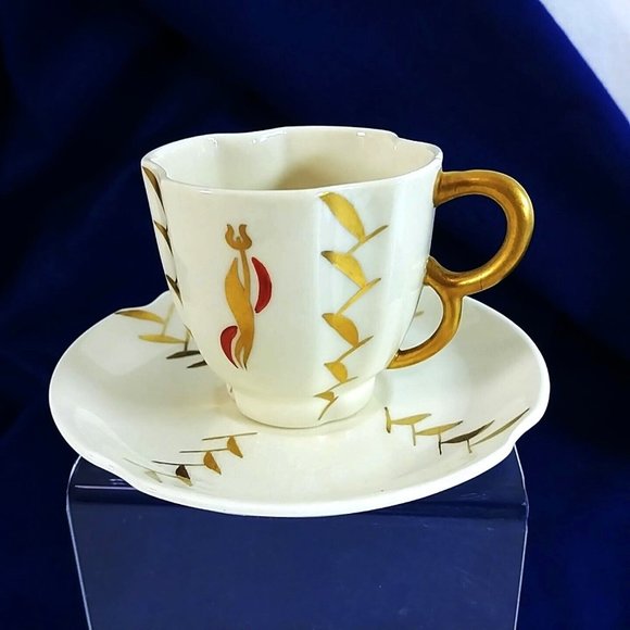 Demitasse Tea Cup and Saucer Rose Crown China Co Pasadena CA, Vintage Gold Red - Picture 4 of 9